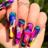 RUOKEXIN Acrylic Press on Nails Long Coffin Fake Nails with Nails Glue Long Ballet False Nails with Water Ripple Rainbow Designs Colorful Full Cover Artificial Nails Press Ons Stick on Nails 24Pcs