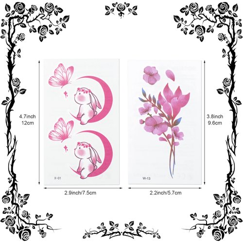 PAGOW 60 Sheets Pink Butterfly Temporary Tattoos Self-adhesive Flower Rabbit Whale Face Body Arm Tattoos Stickers Waterproof Christmas Valentines Birthday Party Decoration for Women Girls Adults