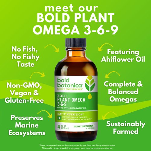 Bold Botanica Plant Omega 3-6-9, with Ahiflower Oil, Vegan Omega 3, Complete Plant-Based Omegas for Brain & Immune Health, Better Than Flax, Fish Free, Great Taste, Sugar-Free, Non-GMO, Liquid- 4 oz