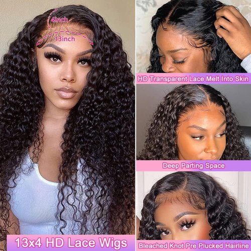 miear Deep Wave Lace Front Wigs Human Hair 180% Density HD Transparent 13x4 Deep Curly Lace Front Wigs Pre Plucked with Baby Hair Glueless Wigs Human Hair for Black Women 20Inch
