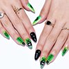 GLAMERMAID Green Press on Nails Medium Almond, Cartoon Cat Gel Glue on Nails Short Oval, Stiletto False Nail Kits with Gothic Snake Design, Short Oval Fake Nails Acrylic Stick on Nails for Women Gift
