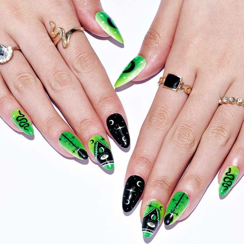 GLAMERMAID Green Press on Nails Medium Almond, Cartoon Cat Gel Glue on Nails Short Oval, Stiletto False Nail Kits with Gothic Snake Design, Short Oval Fake Nails Acrylic Stick on Nails for Women Gift