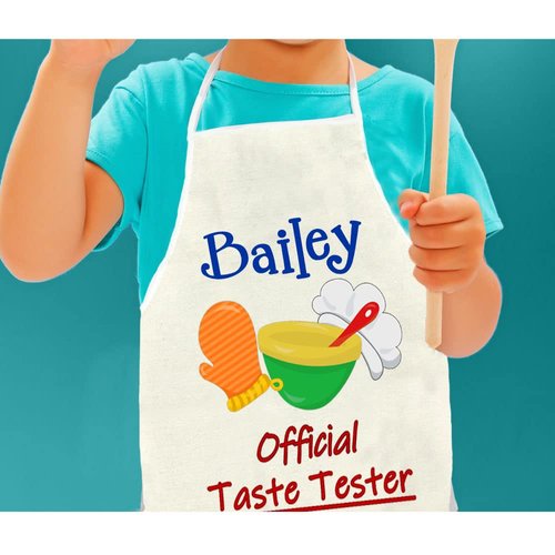 Knextion Inc Kids Apron, Chef Apron for Kids, Childrens Cooking Baking or Craft Accessories, Pretend Play Toddler Taste Tester Dress Up Costume, Personalized with Custom Name - 19 Inch