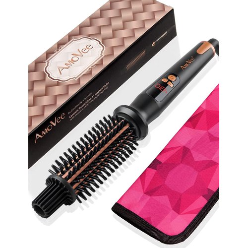 AmoVee 1 Inch Curling Iron Brush, Ceramic Tourmaline Ionic Hair Curling Wand Volumizing Hot Brush with Barrel & Anti-Scald Bristles for Long Hair Types, Dual Voltage, Instant Heat & Auto-Off
