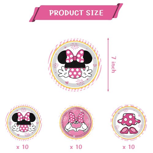 NF ORANGE 30pc Minnie Party Plates, Minnie Party Supplies ，Minnie Birthday Party Decorations Supplies (pink)