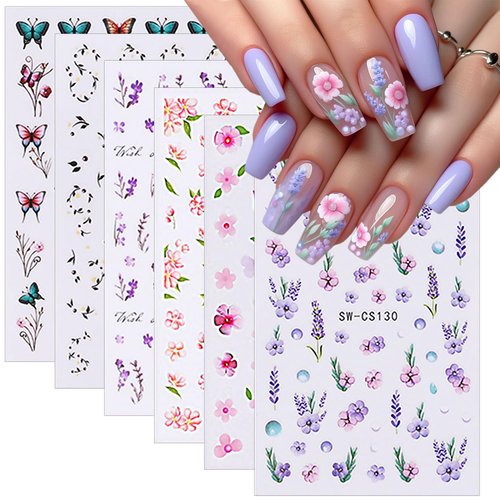 Colorful Flower Nail Stickers for Nail Art 6Pcs Spring Summer Flowers Nail Art Stickers Retro Style Lavender Tulip Butterfly Nail Design Supplies Cherry Blossom Nail Decals for Women Nail Decoration