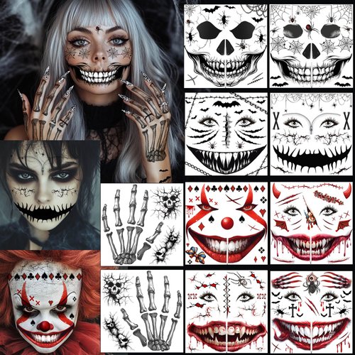10Pcs Halloween Face Tattoos Ghost Face Temporary Tattoo,Skeleton Makeup Halloween Stickers Temporary Tattoos For Men Women,Skeleton Face Tattoo Halloween Accessories (10 Pcs Face Tattoo)