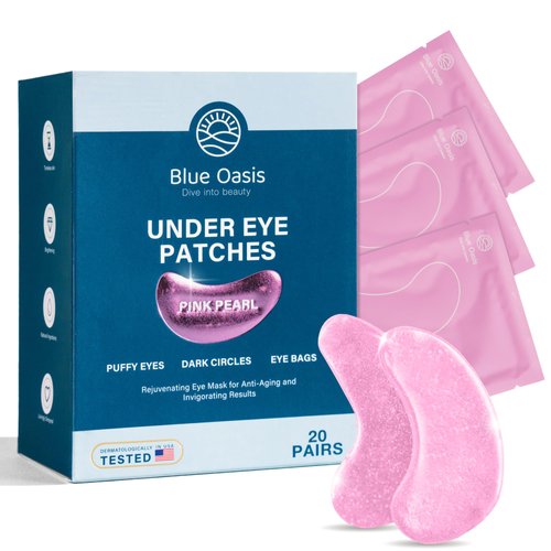 Blue Oasis Under Eye Patches for Puffy Eyes and Dark Circles - 20 Pairs Brightening Pink Eye Mask, Hyaluronic Acid and Collagen Eye Care Gel Pads, Relaxing Self Care and Home Spa Gifts for Women