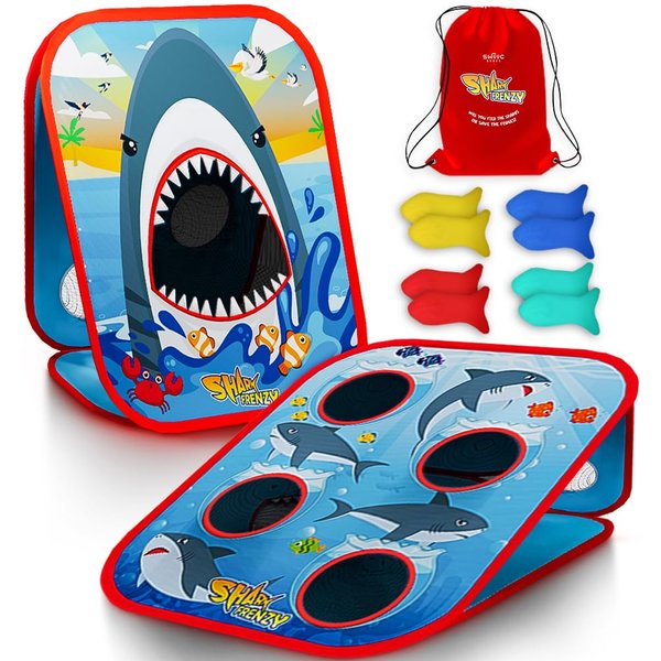 SWOOC Games – Shark Frenzy | 2-in-1 Bean Bag Toss Game for Kids | 5-Second Setup | Toddler Party Games for Kids 3-5 | Toddler Outdoor Games for Kids 3-6 | Shark Toys for Boys | Kids Cornhole Game Set
