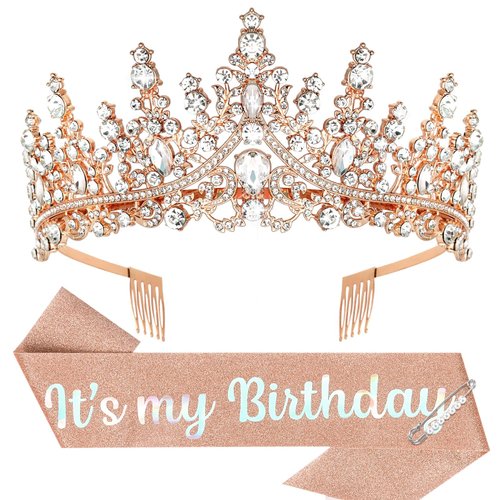 Birthday Crown Adult Woman & Glitter It's My Birthday Sash for Women Birthday Tiara for Women Princess Tiara Birthday Hat Birthday Headband for Parties Favors Rose Gold Birthday Decorations