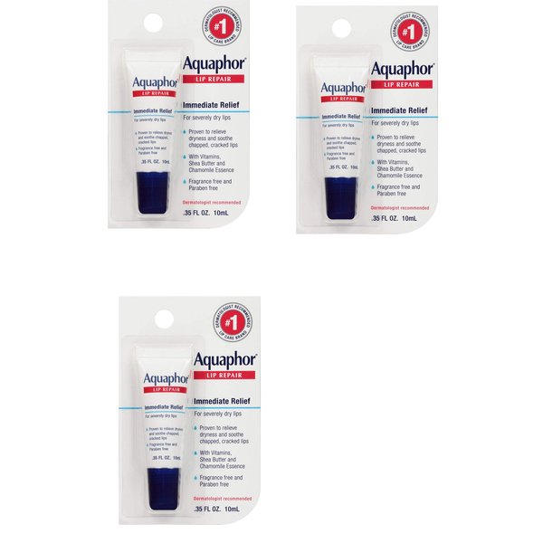 Aquaphor Lip Repair Ointment - Long-lasting Moisture to Soothe Dry Chapped Lips - .35 fl. oz Tube, 3 Pack