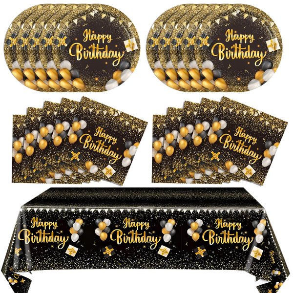 Black and Gold Birthday Decorations Black and Gold Birthday Tableware Set Party Supplies Includes Black Gold Table Cloth Cover Paper Plates Napkins for Birthday Party Decoration Supplies