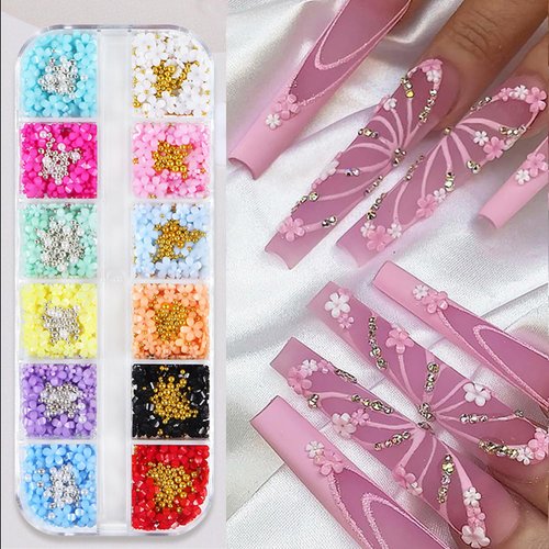 12 Colors 3D Flower Nail Art Charms,Flower Nail Art Supplies Mix Gold Silver Pearl Beads for Acrylic Nails Rhinestones Spring Blossom Petal Gems Nail Accessories for Women DIY Nail Decorations Design
