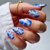Rilafuvu Press on Nails Almond Fake Nails Short False Nail Blue and White Porcelain Acrylic Nails Full Cover Glue on Nails Glossy Stick on Nails Floral Acrylic Press on Nails Cute/lovely 24Pcs-12Sizes