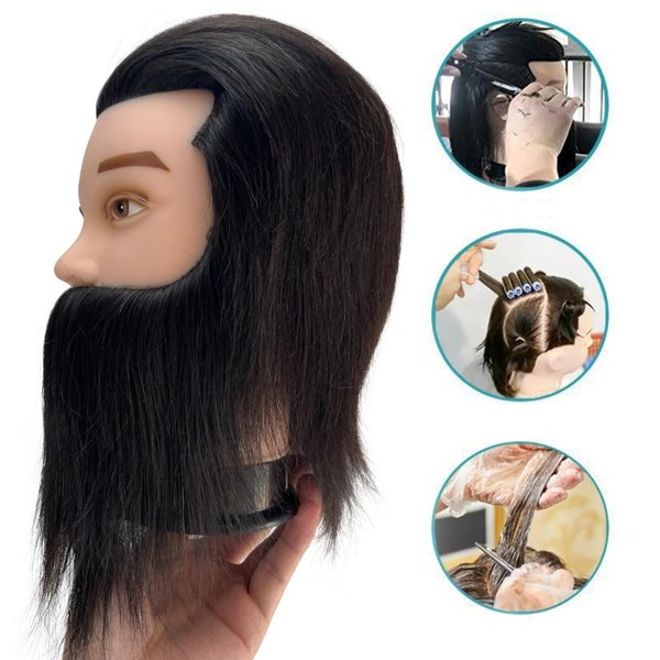 Male Training Head for Hairdressers Mannequin Head with 100% Human Hair and Beard Training Doll Head for Hair Styling and Practice