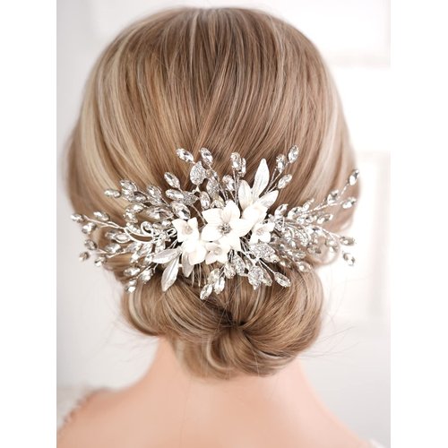 Missgrace Bridal Wedding Crystals Rhinestones Handmade Flower Leaves Side Hair Comb Special Occasion Headpiece Gold Silver Comb Hair Accessories for Women (Silver)