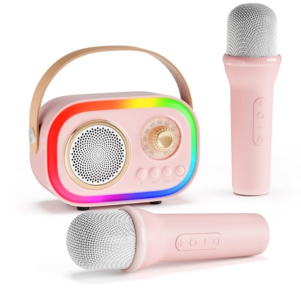 Mini Karaoke Machine for Kids with 2 Wireless Microphones, Portable Bluetooth Speaker, Birthday Gifts New Year Gifts Toys for Girls Toddler Teens Ages 3-14+ Years Old(Pink)