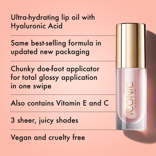 ICONIC LONDON Lustre Lip Oil | Non Sticky, Moisturizing and High Shine Lip Oil, Containing Vitamin C and Hyaluronic Acid, Cruelty Free, Vegan Makeup, Sugar Mama (Pink), 6 mL/ 0.2 Fl Oz
