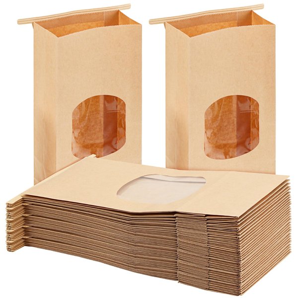 Moretoes 100pcs Bakery Bags with Window, 4.5x2.36x9.6in Kraft Paper Bags, Tin Tie Tab Bags Brown Window Bags Cookie Bags, Coffee Bags