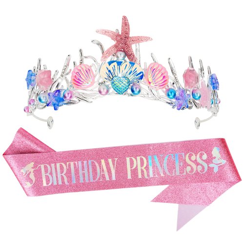YARIEW Mermaid Crown and Birthday Princess Sash Headband Mermaid Party Decorations for Girls Birthday Sash for Women Birthday Crown Tiara for Women Mermaid Birthday Party Decorations Gifts