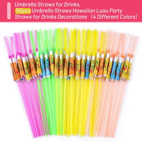 Hawaiian Party Straws, Paxcoo 50Pcs Umbrella Straws for Cocktails, Drink Umbrella Straws for Tropical Hawaiian Luau Party Decorations (Assorted Colors)