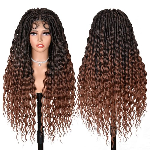 Sweece Full Lace Faux Locs Braided Wigs for Black Women 32 Inch Goddess Faux Loc Wig With Baby Hair Full Double Lace Front Goddess Braided Wig Synthetic Lace Twist wig with Wave Curly Ends (1B/30)