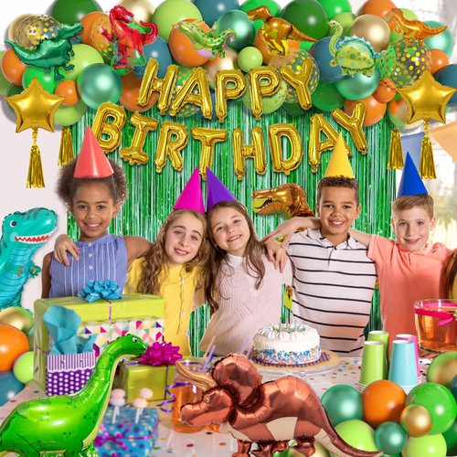 Dinosaur Birthday Party Decorations Supplies, 125Pcs Dinosaur Green Orange Blue Balloons Garland Arch Kit Happy Birthday Dino Foil Balloon Curtain for Kids Boys Dino Jungle Safari Baby Shower Party