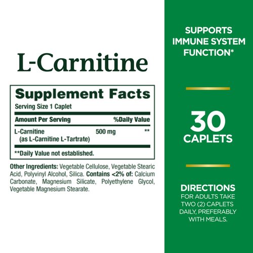 Nature's Bounty L-Carnitine, Supports Heart Health & Fat Metabolism, Amino Acid Supplement, 500 mg, 30 Tablets