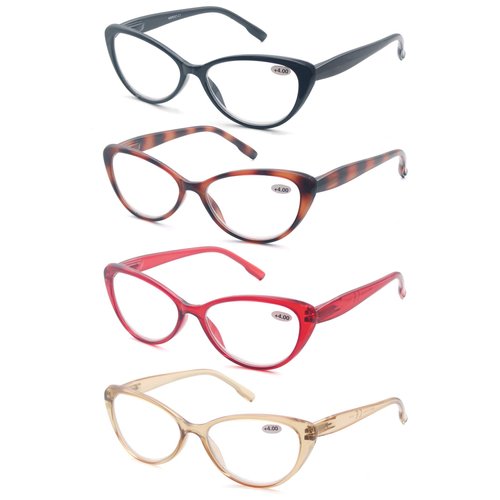 OLOMEE Women's Reading Glasses +2.00 Cat Eye Ladies Readers Stylish Modern Cateye Cheaters 4 Pack Lightweight Frame Comfortable Fit Spring Hinge
