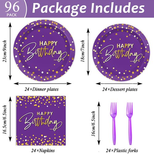 Wiooffen 96PCS Purple Gold Birthday Paper Plates and Napkins Party Supplies Happy Birthday Party Decorations Disposable Birthday Party Tableware Dinnerware Set for Women Men Birthday Serves 24 Guests