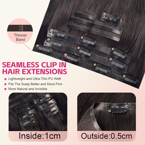 Seamless Clip in Hair Extensions Real Human Hair Clip ins 120g 7pcs Ultra Thin Double Weft PU Clip in Hair Extensions Straight 10A Brazilian Human Hair Extensions for Woman #1B Natural Black 18 Inch