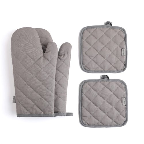 M Miaoyan Oven Mitts and Pot Holders 4 pcs Set,High Heat Resistant 500 Degree Extra Thicken Long Kitchen Cotton Oven Glove for Cooking (12 Inch,Grey)