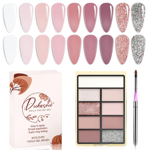 DUKASOU Solid Gel Nail Polish Set, 9 Colors Salt lake Gel Polish Manicure Palette Set Nude Pink Glitter Skin Tiny Solid Cream Nail Gel Polish for Salon DIY with Pro Nail Brush