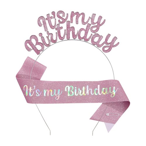 DOINIDAMI Girls Birthday Headbands Sash Set, Pink Women Happy Birthday Crown Headpiece Sash,Double Deck Birthday Hair Band Hair Hair Hoop Tiara,Happy Birthday Accessories