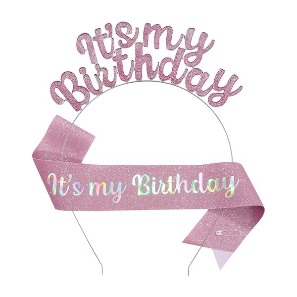 DOINIDAMI Girls Birthday Headbands Sash Set, Pink Women Happy Birthday Crown Headpiece Sash,Double Deck Birthday Hair Band Hair Hair Hoop Tiara,Happy Birthday Accessories