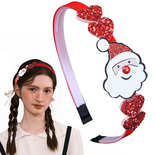 HIFANMM Christmas Headband Santa Claus Hair Band for Women Girls, Red Glitter Headbands Cartoon Xmas Hair Accessories Non Slip Winter Christmas Party Supplies New Year Holiday Costume Gift