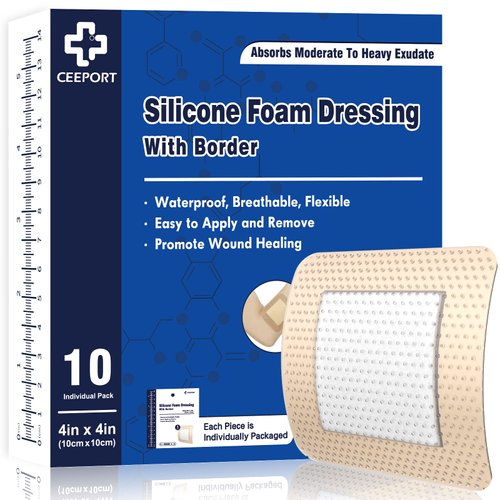 Ceeport Silicone Foam Dressing with Adhesive Gentle Border 4" x 4" 10 Pack, Waterproof Wound Dressing, High Absorbency Bed Sore Wound Bandages, Square Breathable Foam Dressing for Wound Care