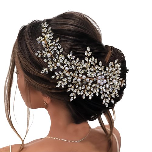 AMORARSI Crystal Wedding Hair Comb Bridal Hair Accessories Pearl and Rhinestone Bridal Side Combs for Women and Girls (Gold)