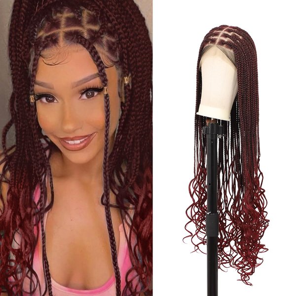 Olymei 360° HD Full Lace Braided Wigs Box Braid Wig for Women Knotless Braided Wigs with Wavy Curly End Braided Lace Front Wigs with Baby Hair Human Hair Blended Braid Wigs 36 Inch Burgundy