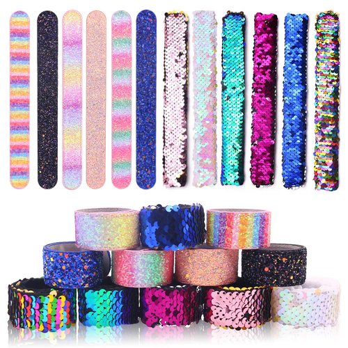 VGOODALL 12 PCS Glitter Slap Bracelet for Kids Sequin Mermaid Bracelet Wristband for Birthday Par...