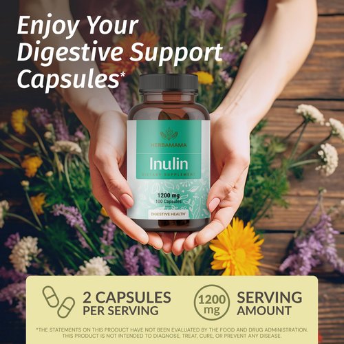 HERBAMAMA Inulin Capsules - 1200 mg Chicory Root Inulin Prebiotic Fiber Supplement - Inulin Powder for Gut Health & Digestive Support - Vegan, Non-GMO - 100 Caps