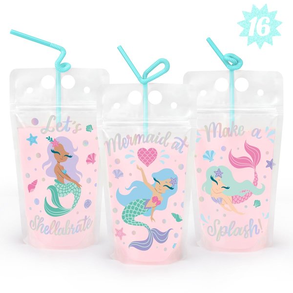 xo, Fetti Mermaid Drink Pouches - 16 count | Mermaid Birthday Party Supplies, Mermazing Baby Shower, Magical Party Favors