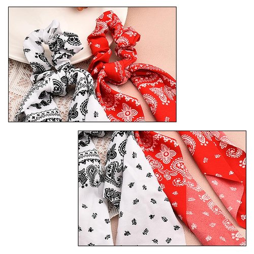 White Bandana Knotted Bow Hair Scarf Scrunchies for Girls Ribbon Bow Hair Ties Paisley Bow Scrunchies with Long Ribbons Red Bowknot Hair Ropes Elastic Bands Ponytail Holders Accessories for Women 2PCS