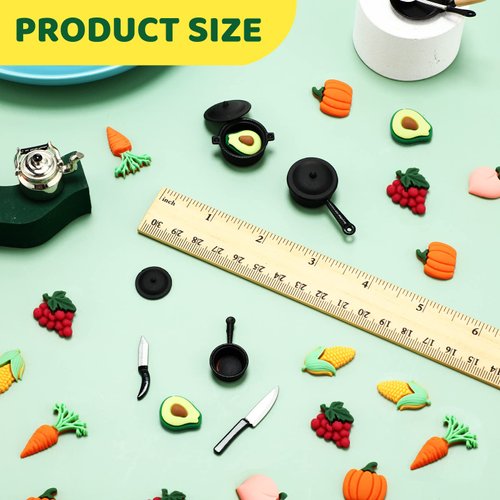 34 Pcs Miniature Dollhouse Kitchen Accessories 1/12 Scale Mini Dollhouse Metal Pots and Pans Stovetop Cookware Miniature Food Vegetables Fruits for Christmas Pretend Play Game Party Gifts Decoration