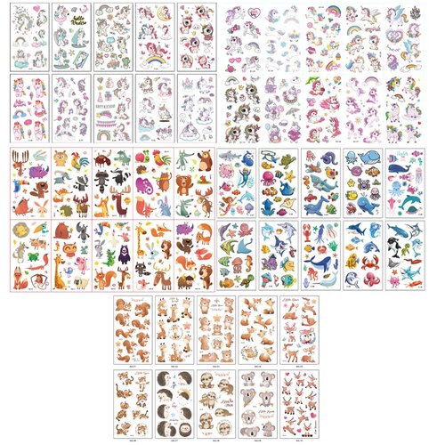 600+ pcs Temporary Tattoos for Kids, BOSOIRSOU 50 sheets Tattoo Stickers Assorted Cartoon Mermaid Animal Fake Tattoo for Boys and Girls Party Supplies Gifts