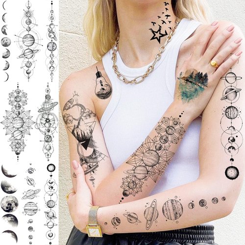 33 Sheets Outer Space Temporary Tattoos for Kids Boys Girl Women Men Adults Children, Geometry Astronaut Universe Fake Tattoo Star Moon Solar Syetem