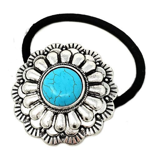 Emulily Western Turquoise Concho Squash Blossom Hair band and Tie