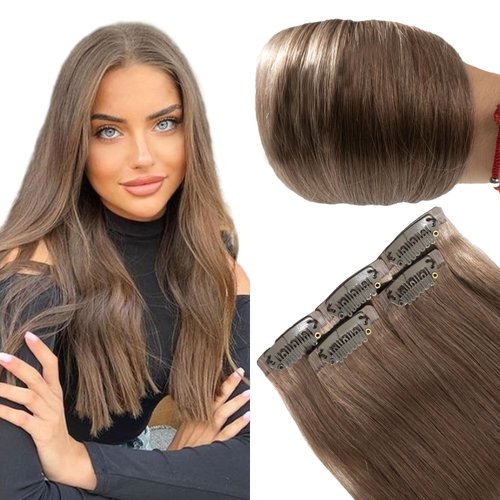 FUBILI Seamless Hair Extensions Ash Brown 18 Inch 30g 5pcs clip on hair extensions human hair with Invisible PU Skin Weft Straight Remy Hair for Women