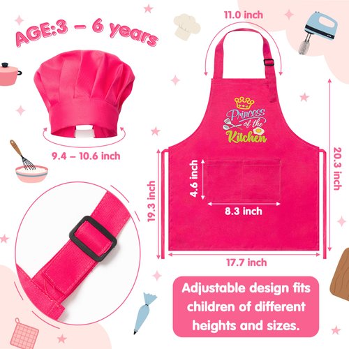 R HORSE 2 Pcs Kid Apron and Chef Hat Set, Rose Red Adjustable Children Kitchen Apron Role Play Chef Toy Cooking Baking Painting and Training Kits Kid Funny Cooking Gift New Year