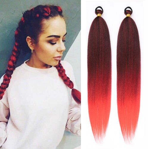 CHARSUN Braid Ponytail Hair Extensions with Elastic Tie,2 Pcs Straight Braid Hair Extension Rave Hair Natural Soft Hairpieces Synthetic Ponytail Extension 26 Inch(Black/Red)